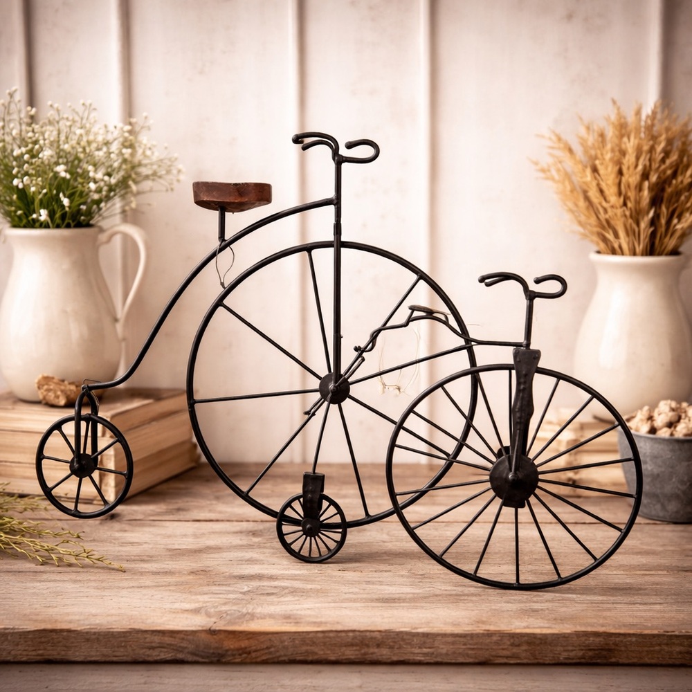Vintage Metal Bicycle Decor Rustic Penny Farthing Bike Sculptures Set 2